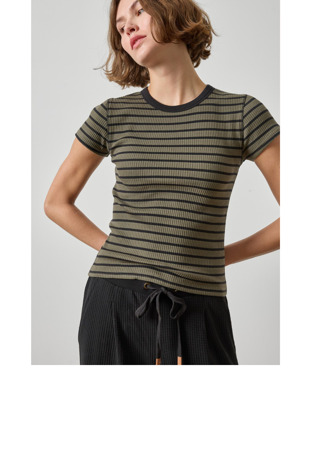 Ribbed Short Sleeve Crew - Olive Stripe