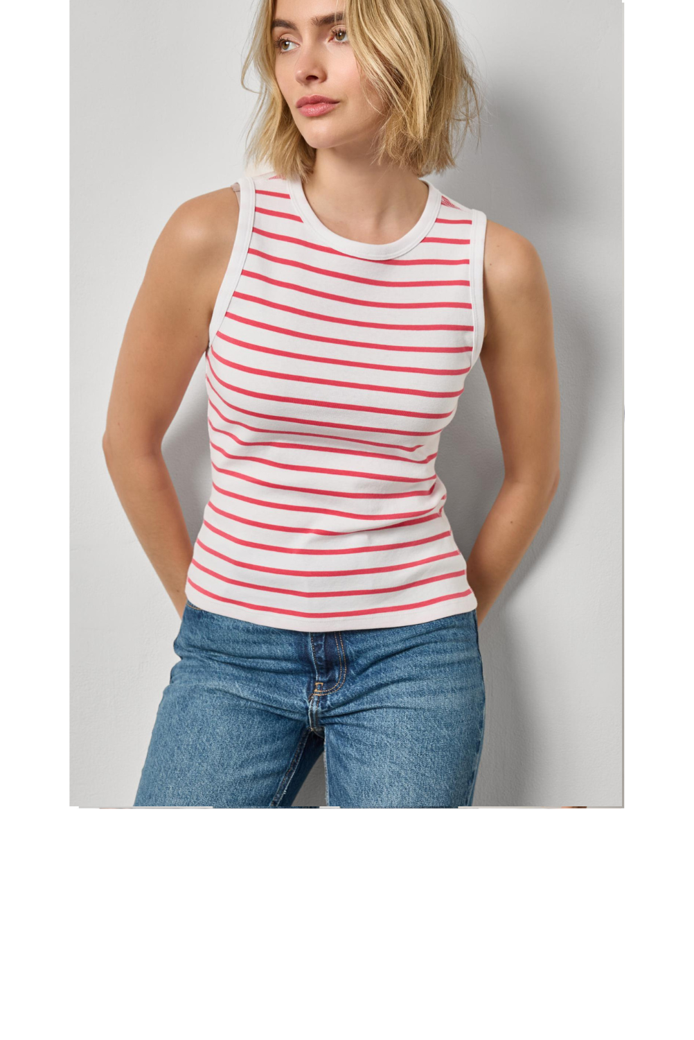 Rib Stripe Round Neck Tank - Geranium Stripe