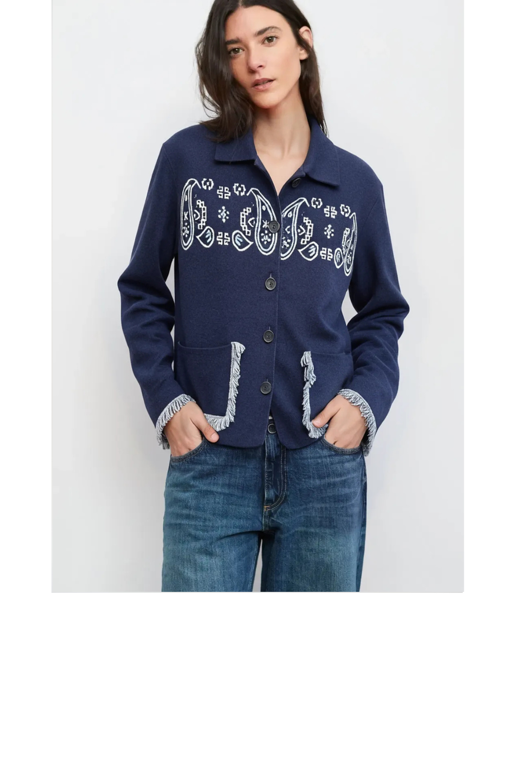 Bandana Knit Jacket with Fringe - Navy