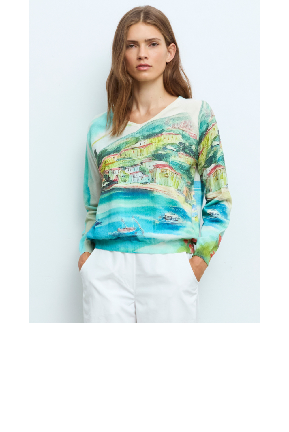 Silk & Cotton Scenic Raglan Sweater - Blue Multi