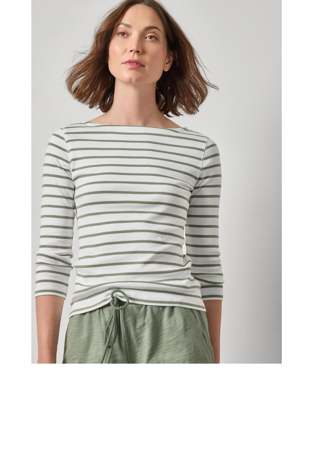 Rib Stripe 3/4 Sleeve Boatneck - Sage Stripe