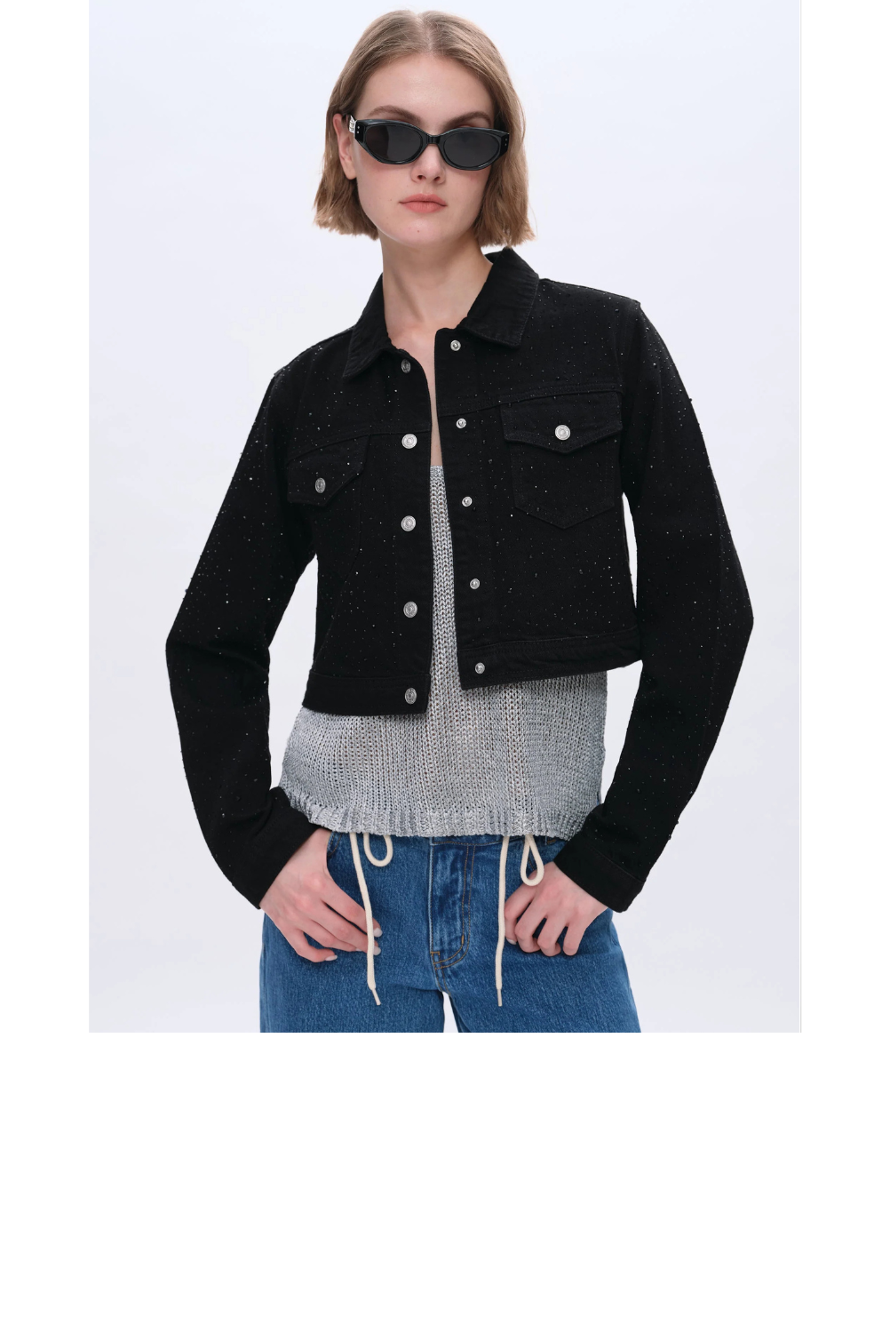 Crystal Embellished Cropped Denim Jacket - Black