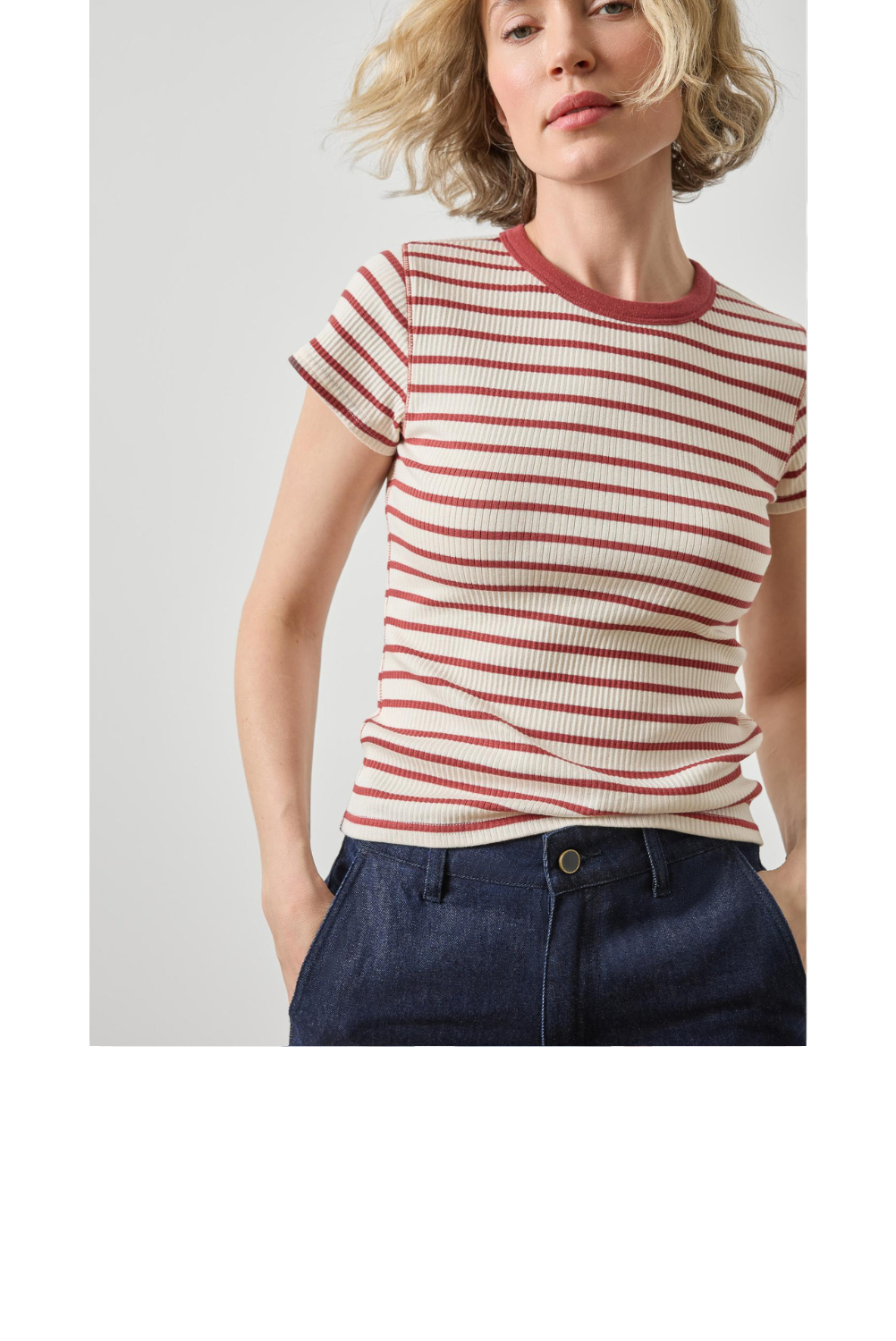 Ribbed Short Sleeve Crew - Henna Stripe