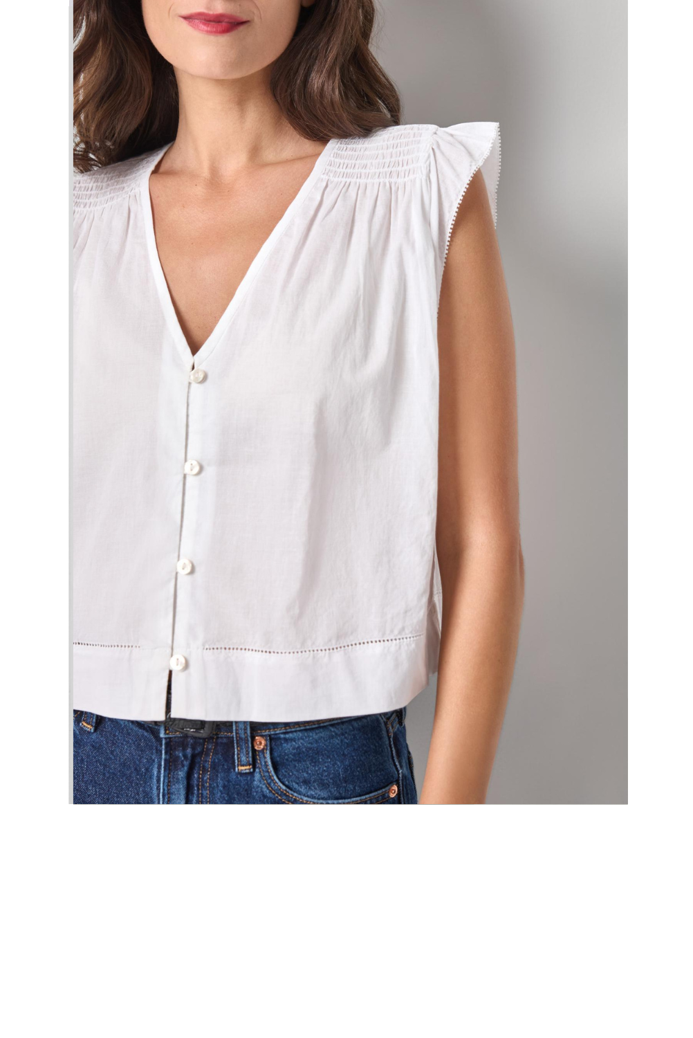 Smocked Shoulder V Neck - White