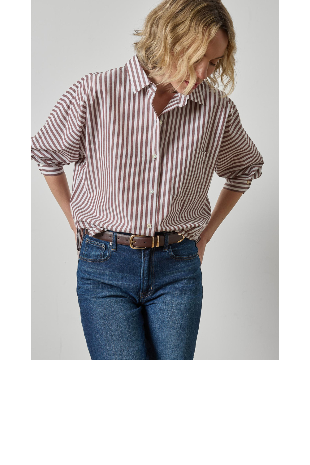 Dolman Sleeve Button Down Shirt - Chestnut Stripe