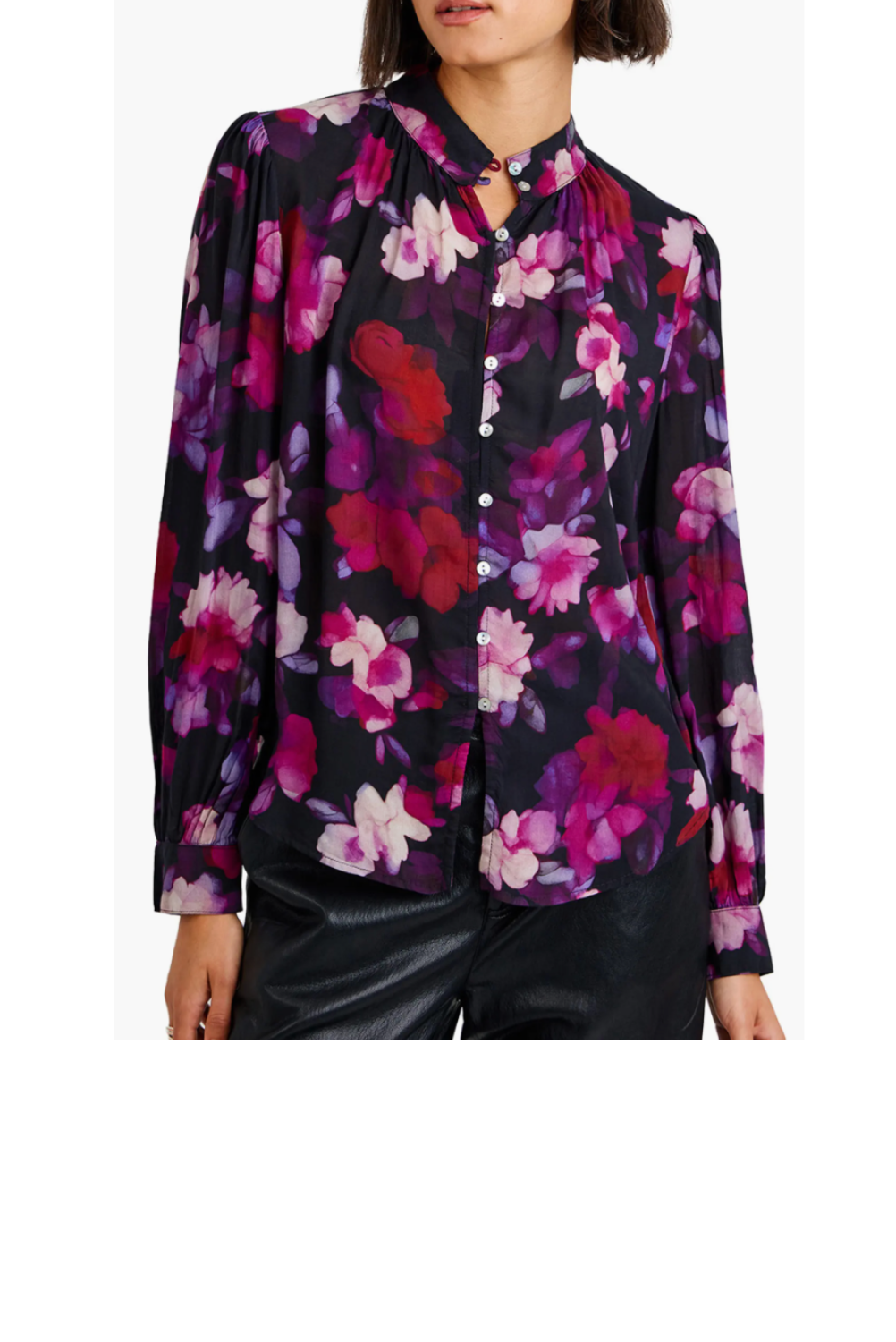 Shirred Button Up Blouse - Berry Bloom