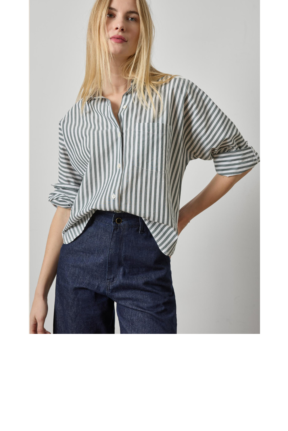 Dolman Sleeve Button Down Shirt - Mineral Stripe