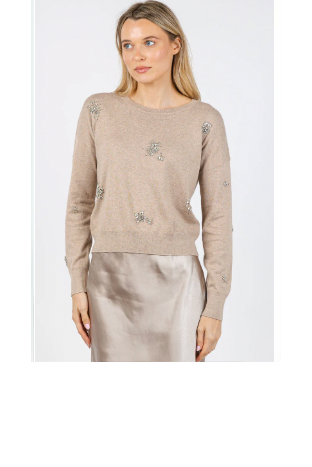 Random Rhinestone Detail Crewneck Sweater - Cappuccino