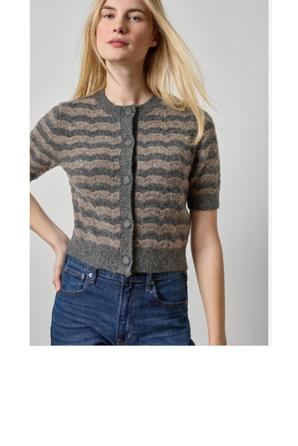 Short Sleeve Wavy Stripe Cardigan - Graphite Stripe