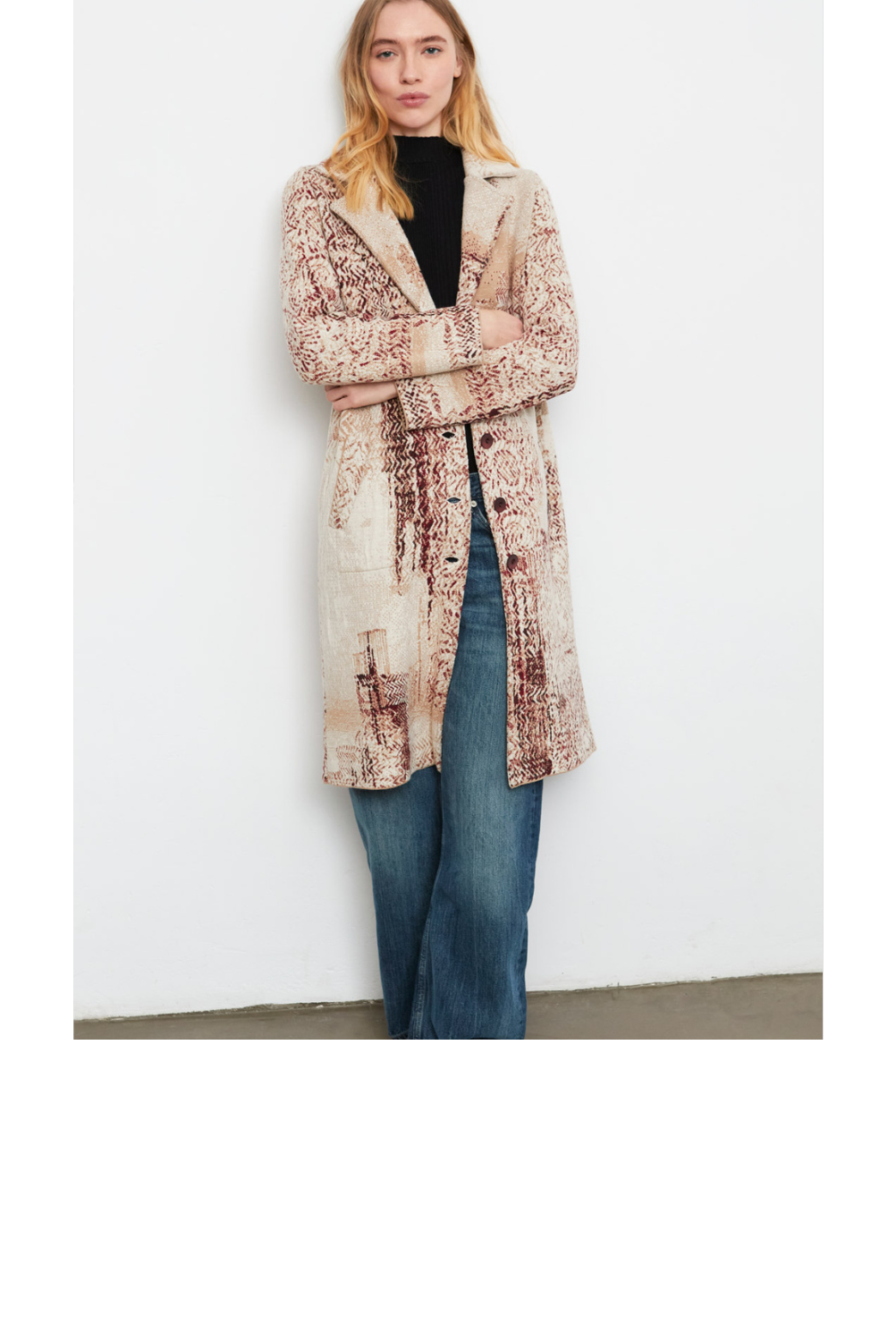 Jacquard Print Knit Coat - Wheat Multi