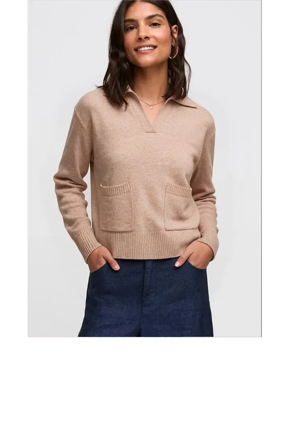 Split-Neck Pocket Polo Sweater -Almond