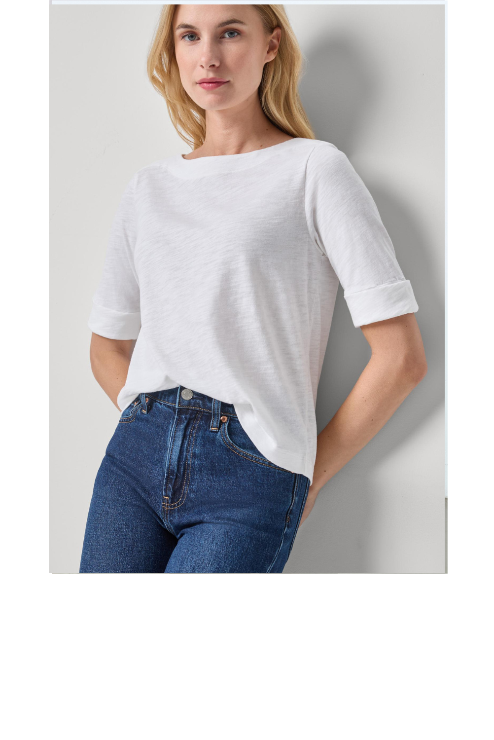 Cuffed Sleeve Boatneck - White