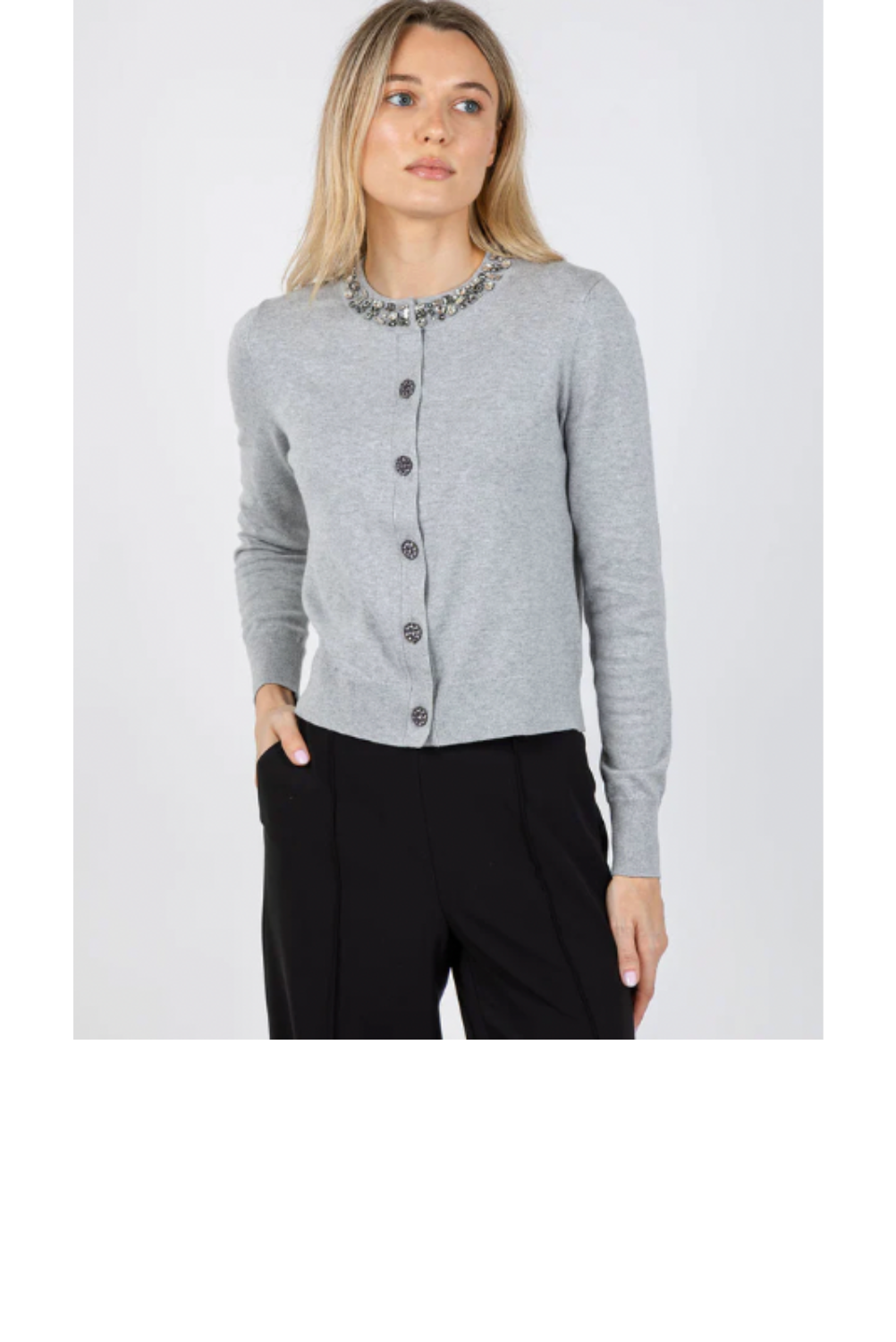 Jeweled Crew Neck Cardigan - Light Heather Grey