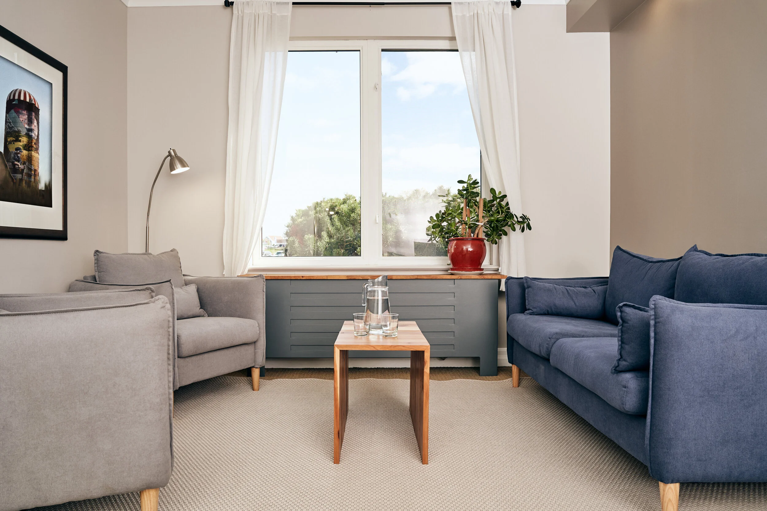 Living room with gray and blue sofas, wooden coffee table with glass pitcher and glasses, large window with white curtains, potted plant on window sill, framed artwork on wall, beige carpeted floor.