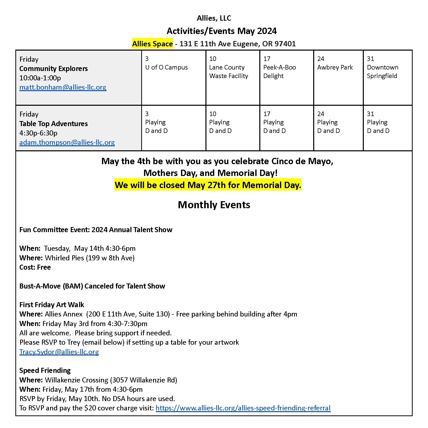 DSA Program Schedule (Eugene) — Allies, LLC