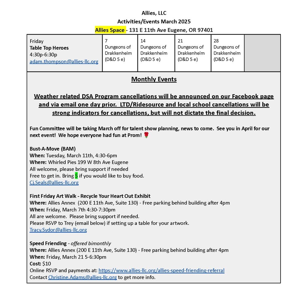 DSA Program Schedule (Eugene) — Allies, LLC