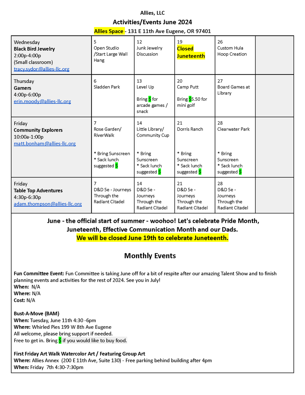 DSA Program Schedule (Eugene) — Allies, LLC