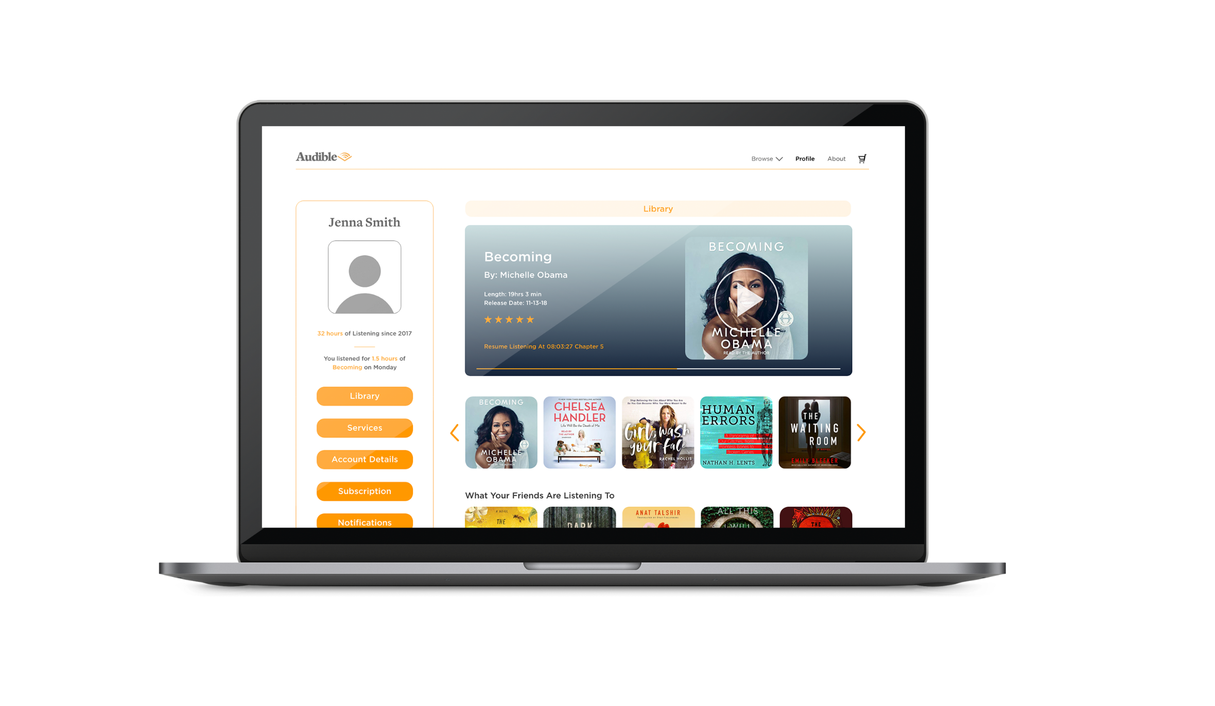 Personal profiles and libraries are accessible from desktop, with a clear path to listening to where you left off.