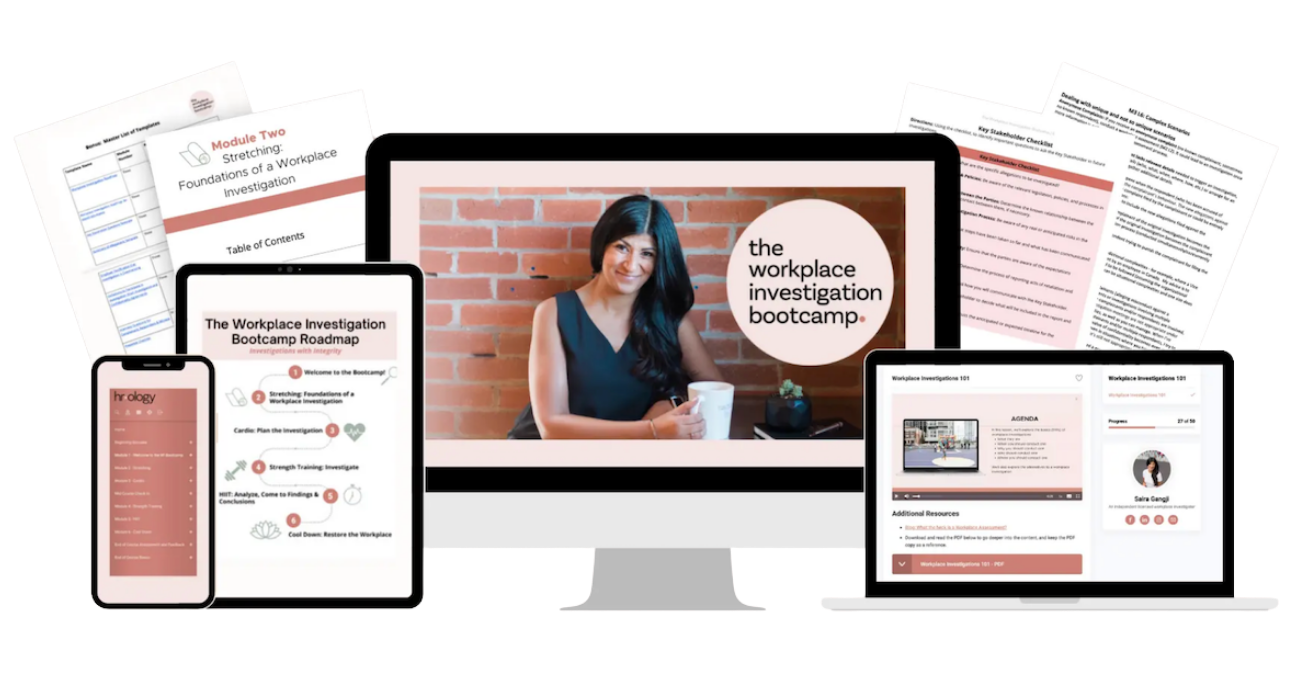 Mock-up with worksheets and screenshots of what's included inside The Workplace Investigation Bootcamp - PDF Course by Hrology