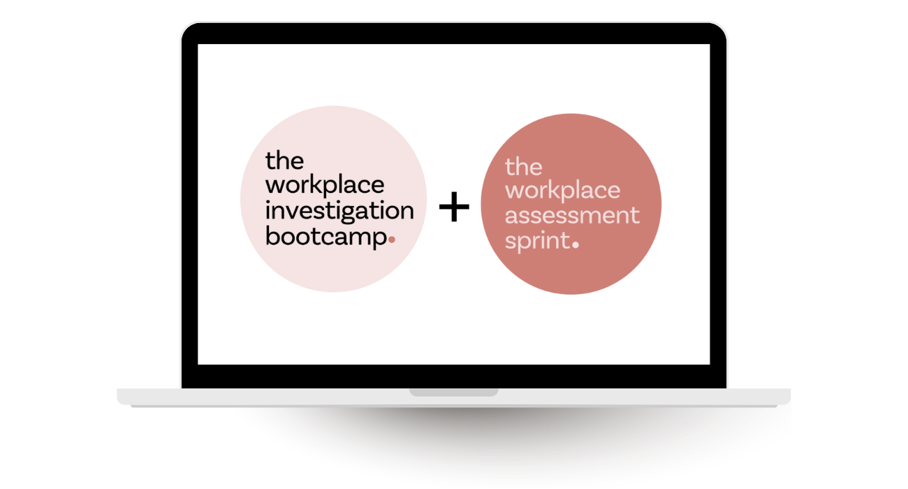 Laptop showcasing logos of The Workplace Investigation Bootcamp and The Workplace Assessment Sprint Bundle - Your Complete Workplace Toolkit by Hrology