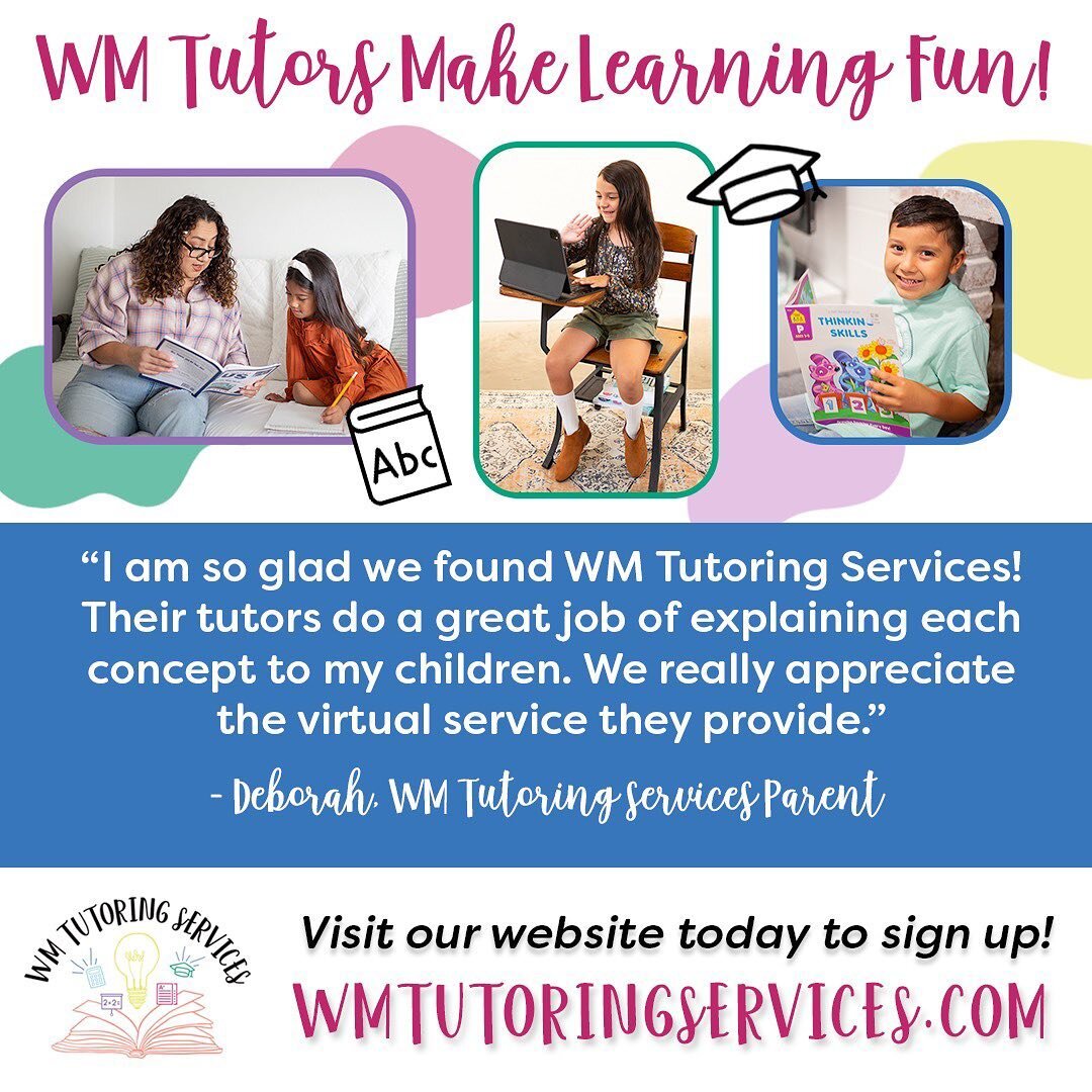 Parents,
⠀
If your child is in need of academic support, our knowledgeable WM tutors are here to help: 📚
⠀
&bull;homework
&bull;learning new study skills
&bull;reinforce and review on missed or challenging concepts.
⠀
In person and virtual tutoring 