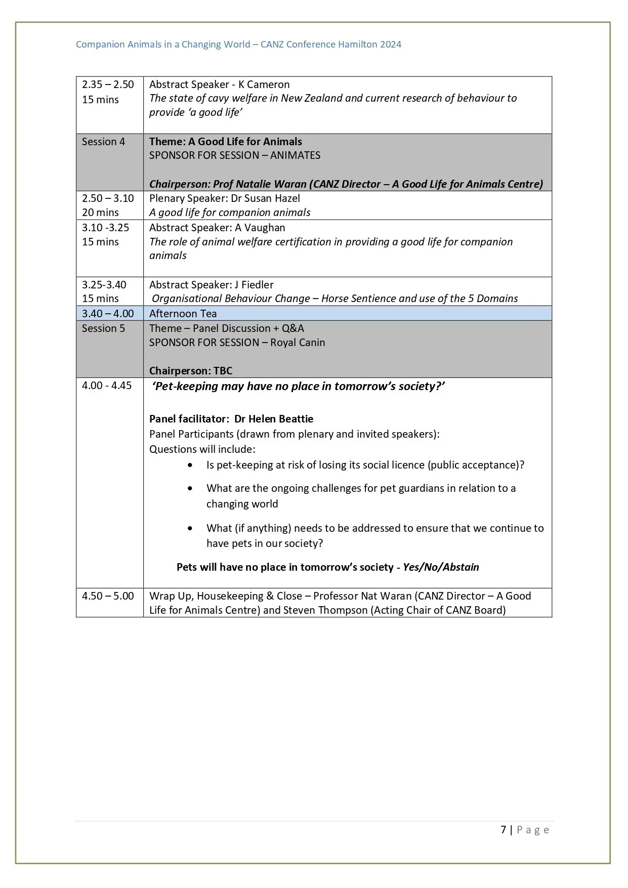 Programme Back Conference Programme — Companion Animals New Zealand