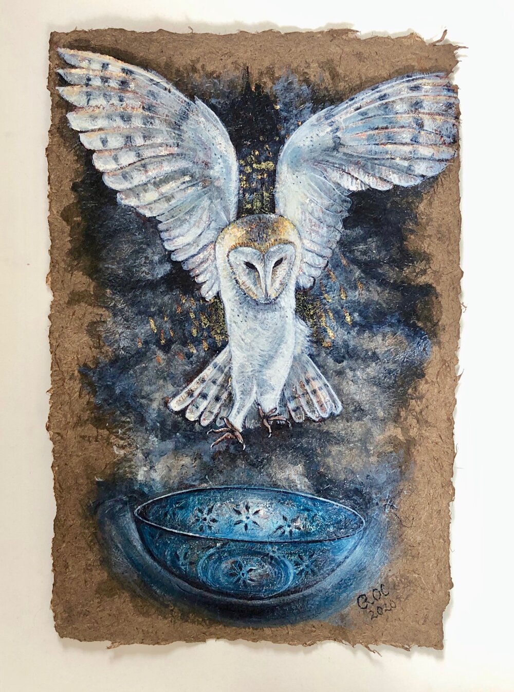  The Owl and the Bowl 2020  Egg tempera gold and silver leaf on handmade paper 