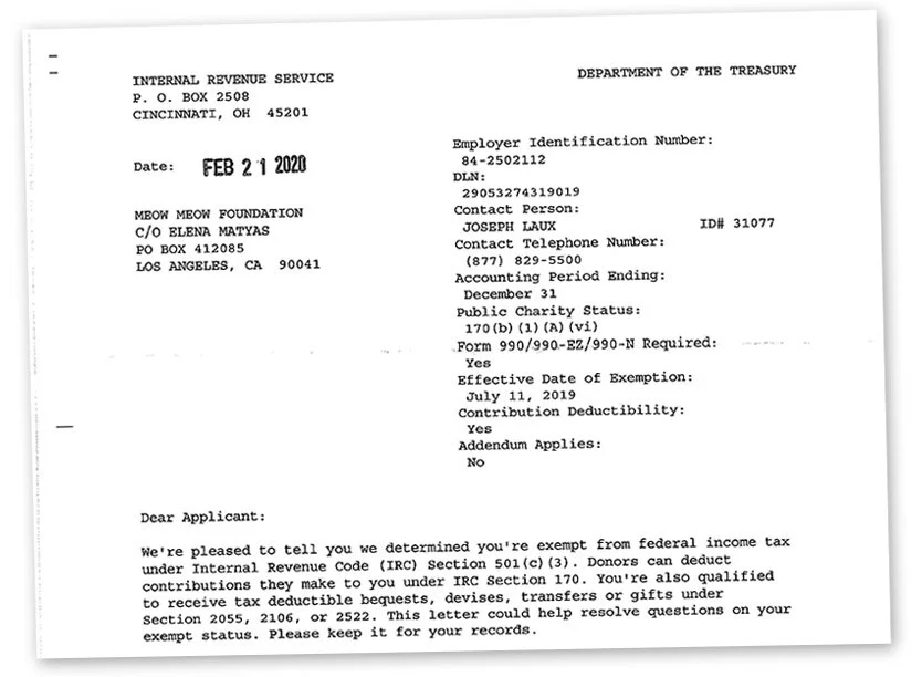 Meow Meow Foundation Earns Tax Exempt Status