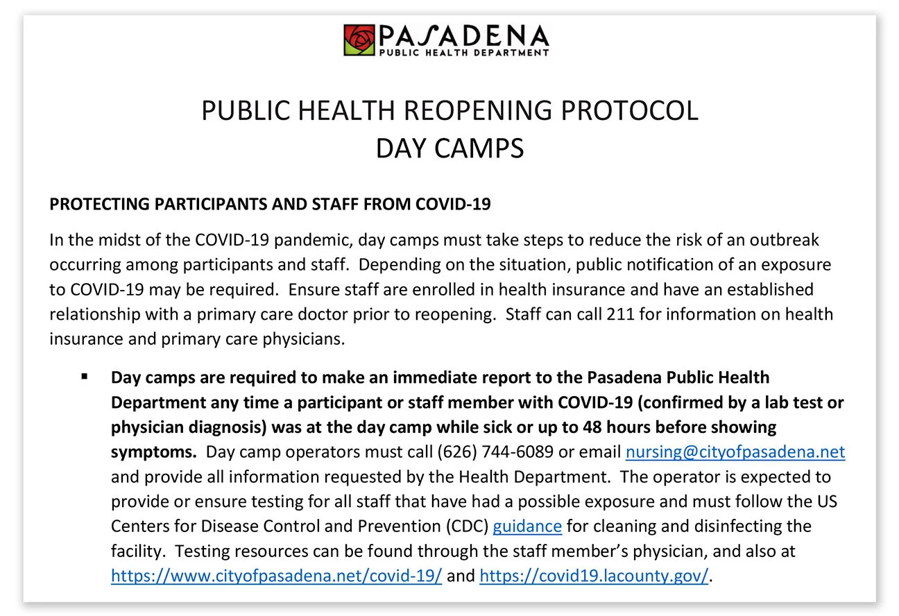 Pasadena OK's Day Camps Despite Inadequate Health Guidance