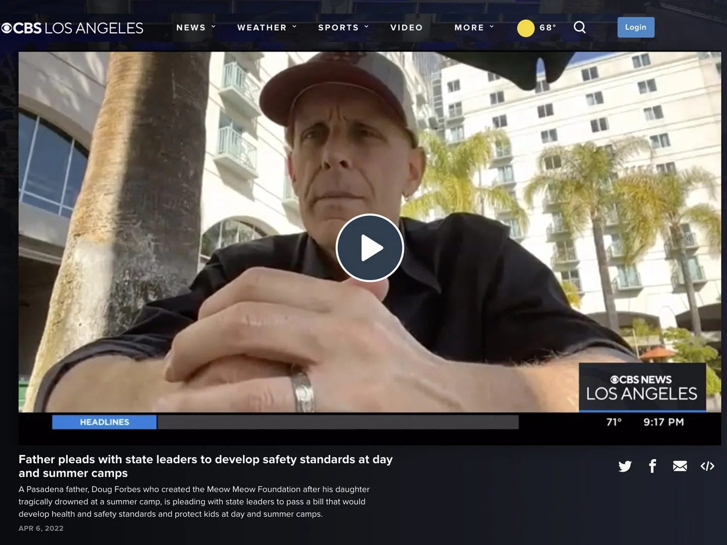 Doug Forbes on CBS After He Testifies for His Camp Safety Bill
