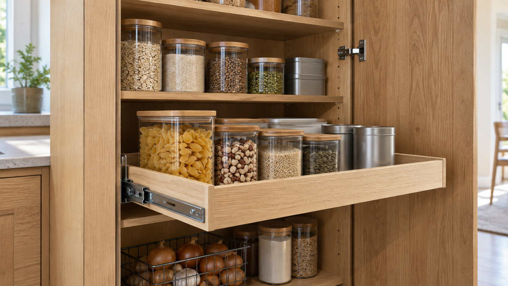 Pantry cabinet illustration showing an extended oak pull-out with food jars beneath adjustable shelves.