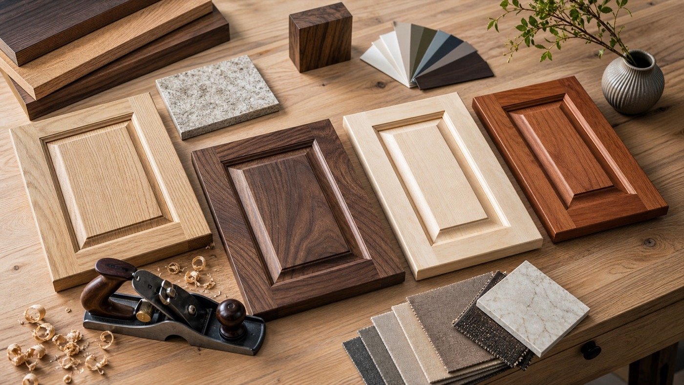 White oak, walnut, maple, and cherry wood samples for custom cabinet species selection