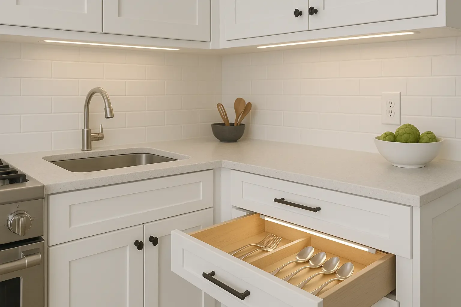 A kitchen scene showcasing a sink, stove, and drawer, complemented by under cabinet lighting for visibility.