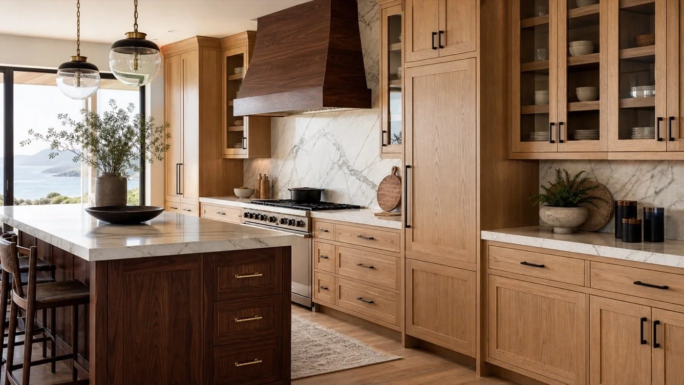 Custom kitchen cabinetry in white oak and walnut showcasing premium wood species