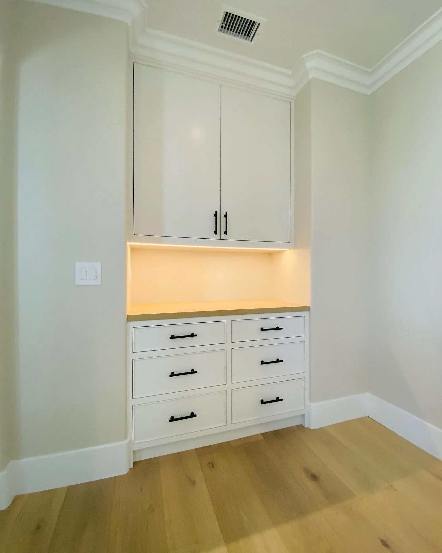 Painted fitted cabinetry with paneled doors, drawers and a counter niche