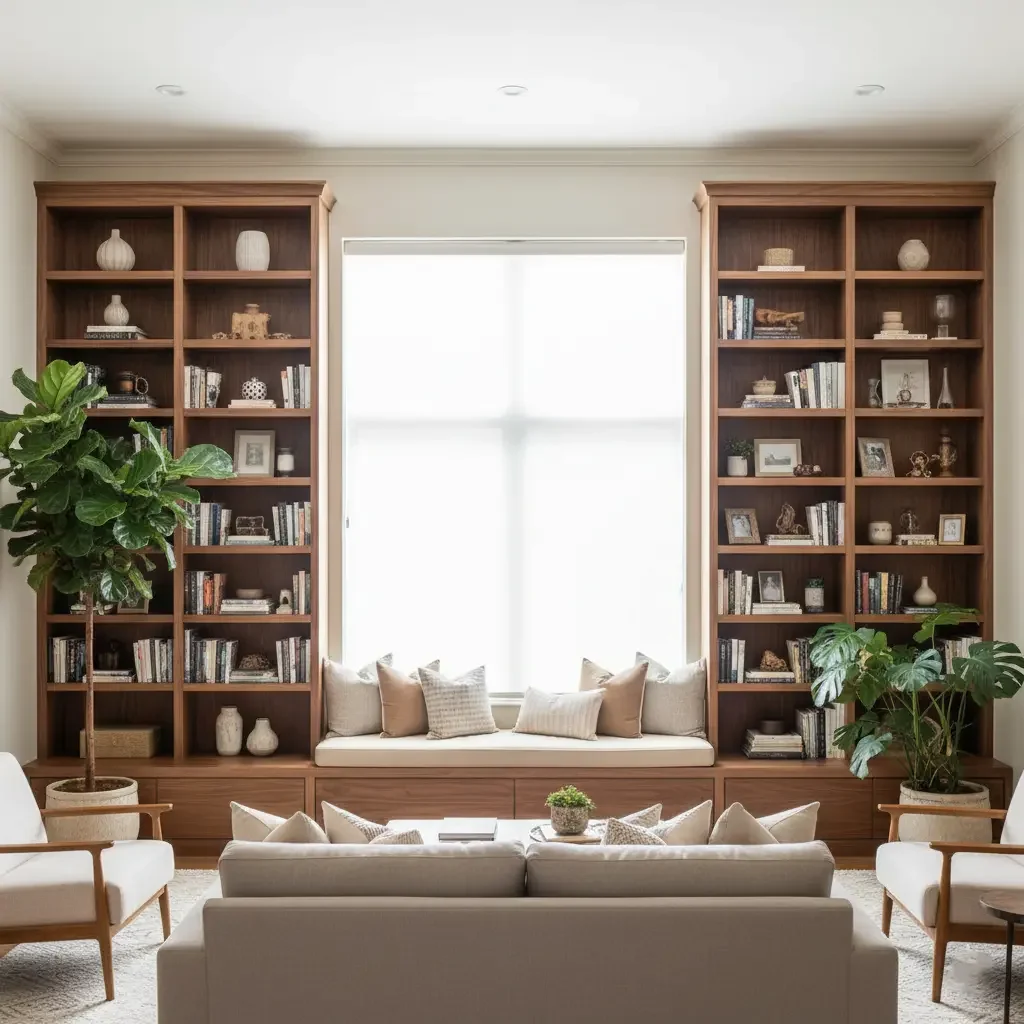 A welcoming living room showcasing a couch, chair, bookshelves, and a comfortable window seat with built-in storage.