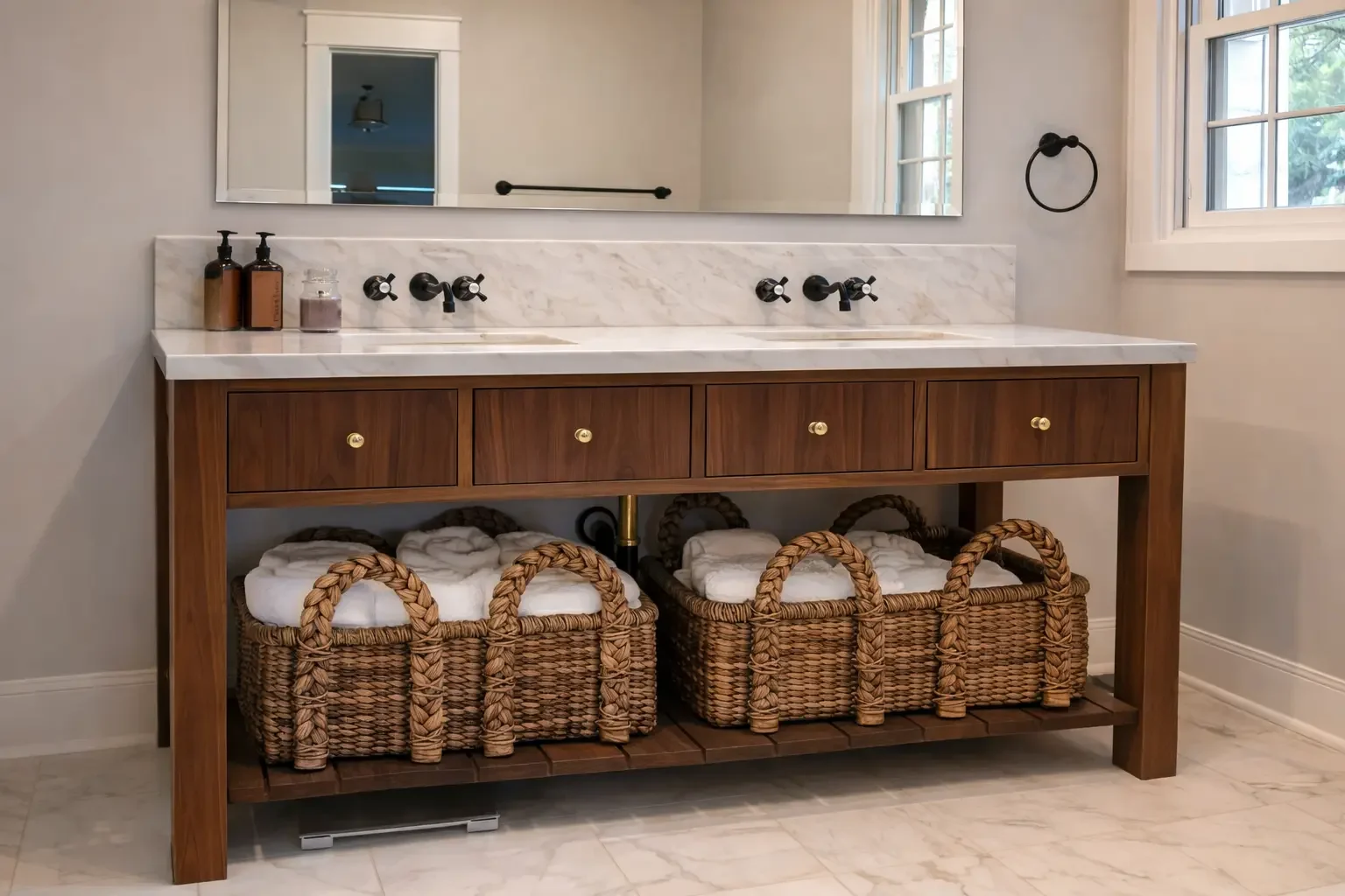 Custom bathroom vanity featuring a marble countertop, detailed custom woodwork on the drawers, and four wicker baskets holding towels on the lower shelf.
