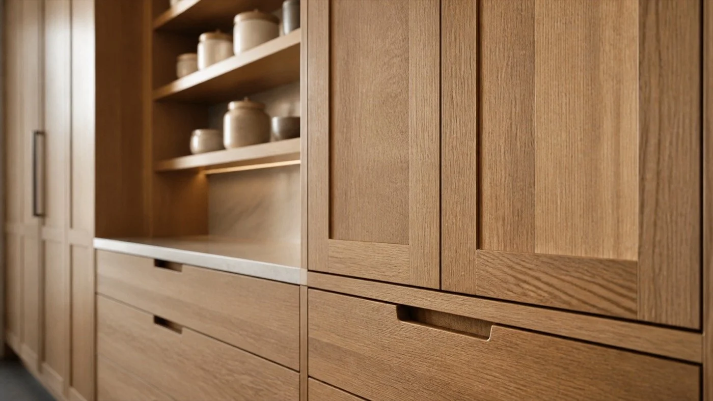 Rift-sawn white oak cabinet detail showing grain pattern and natural finish