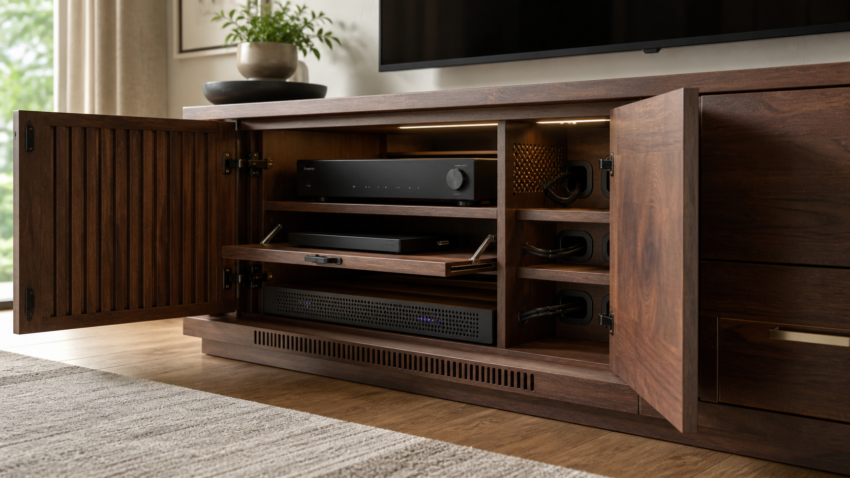 Open walnut media cabinet showing generic audio components, ventilated doors, organized cable passages, a pull-out service shelf, and access panels.