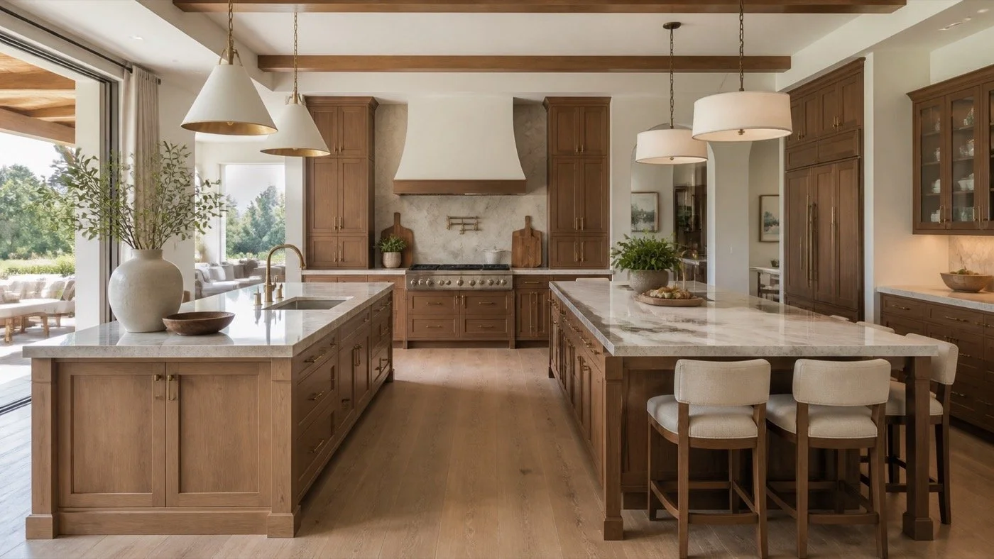 Double kitchen island layout with walnut cabinetry in a luxury kitchen