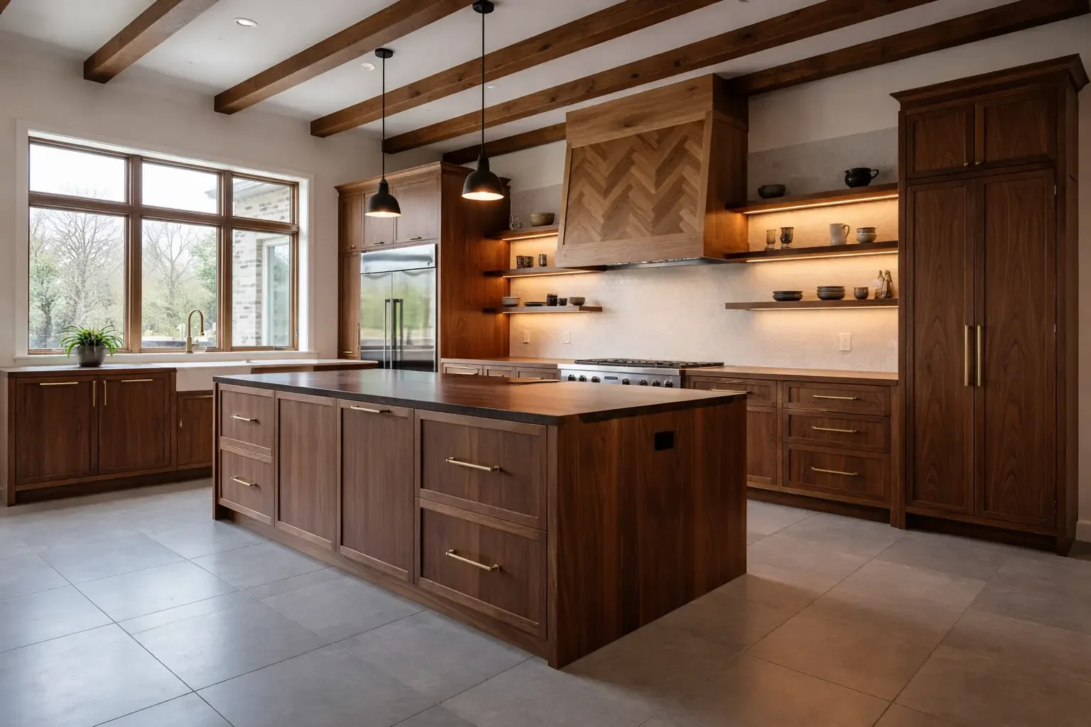 Modern kitchen with wooden cabinetry, a large island, and exposed beams. Pendant lights add warmth, while open shelves display dishes above a tiled backsplash.