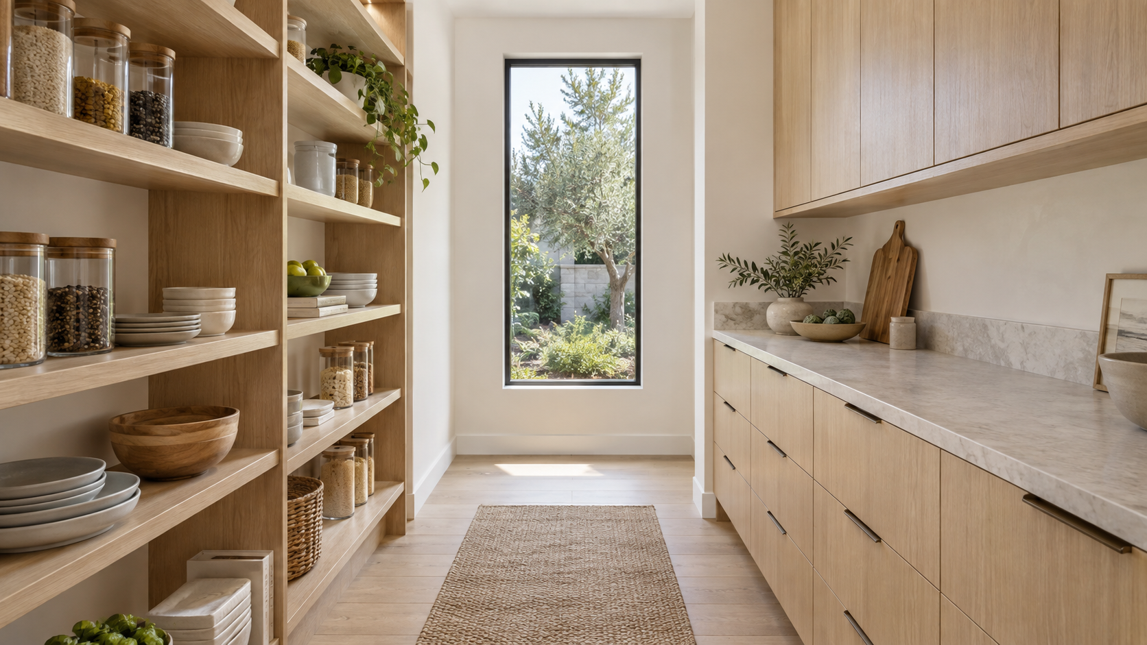 Pantry design illustration with oak shelves opposite drawers and a counter, separated by an open aisle.