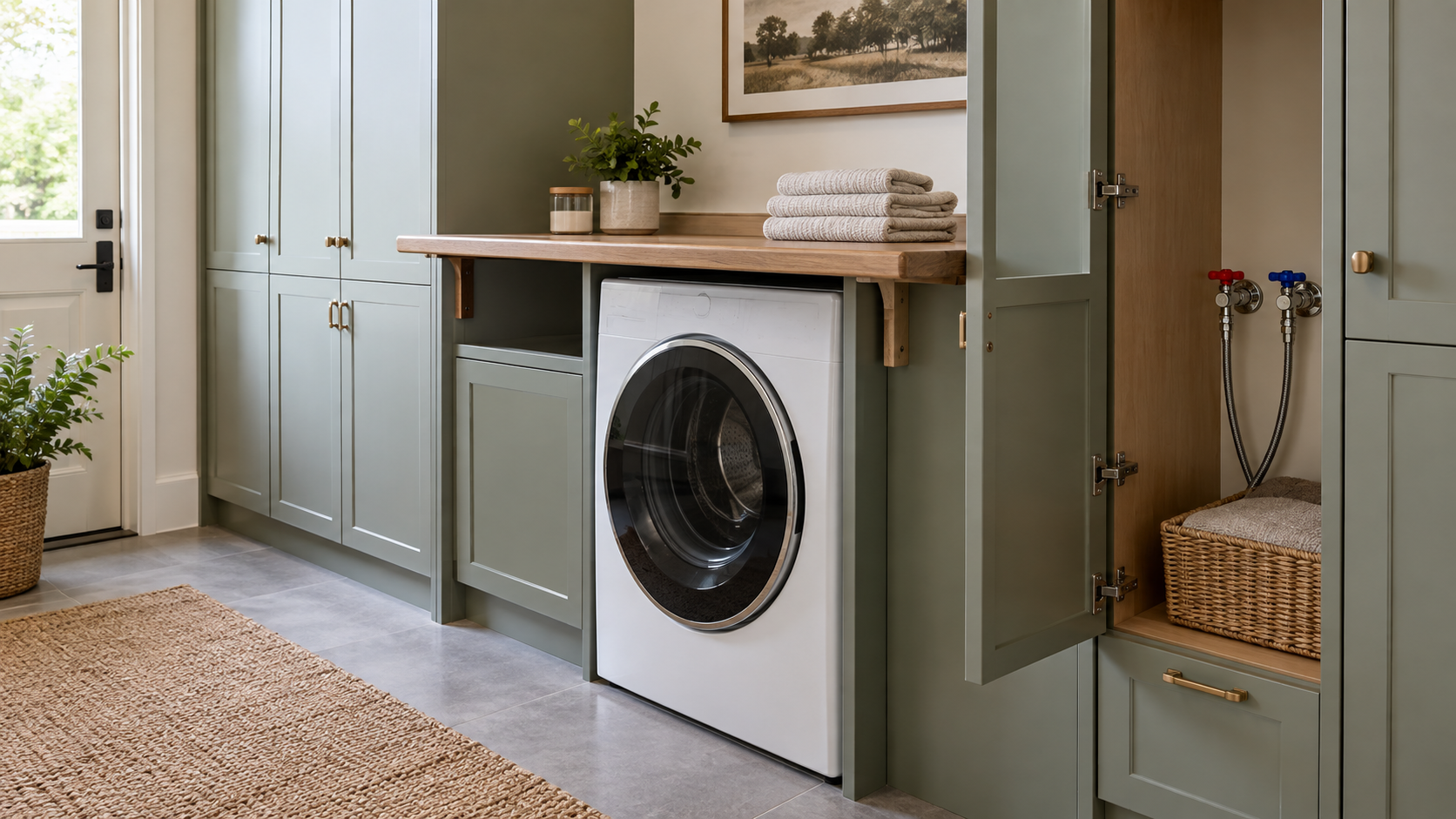 Laundry design illustration with an open washer bay and a neighboring cupboard exposing water shutoffs.