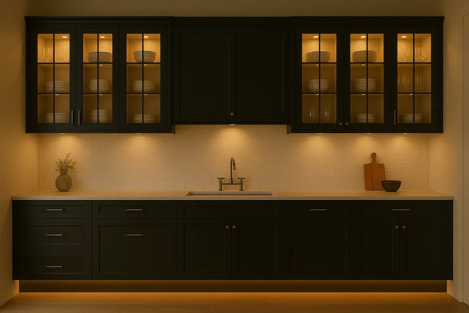 A contemporary kitchen showcasing black cabinets, a sink, and glass front cabinets with ambient lighting.