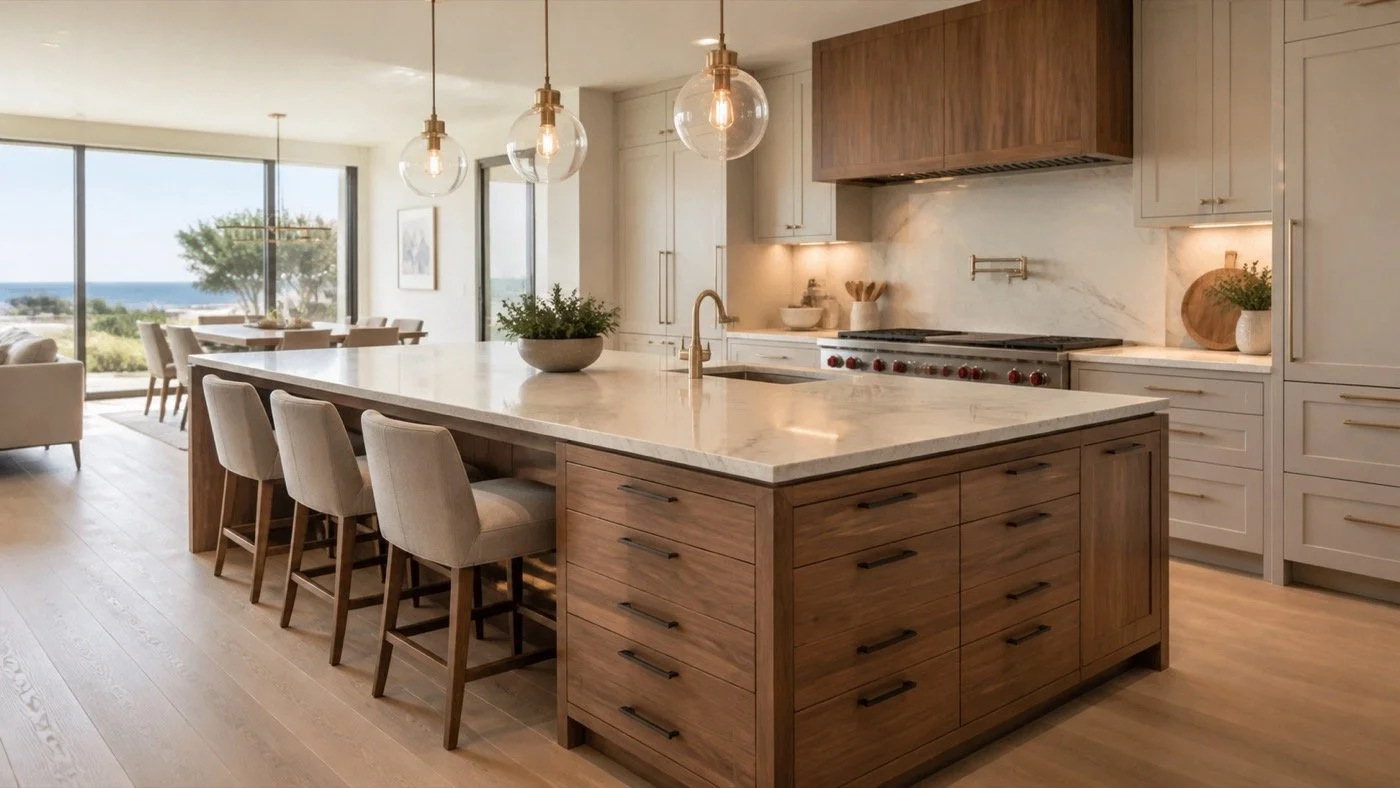 Custom kitchen island with walnut cabinetry in a luxury coastal home