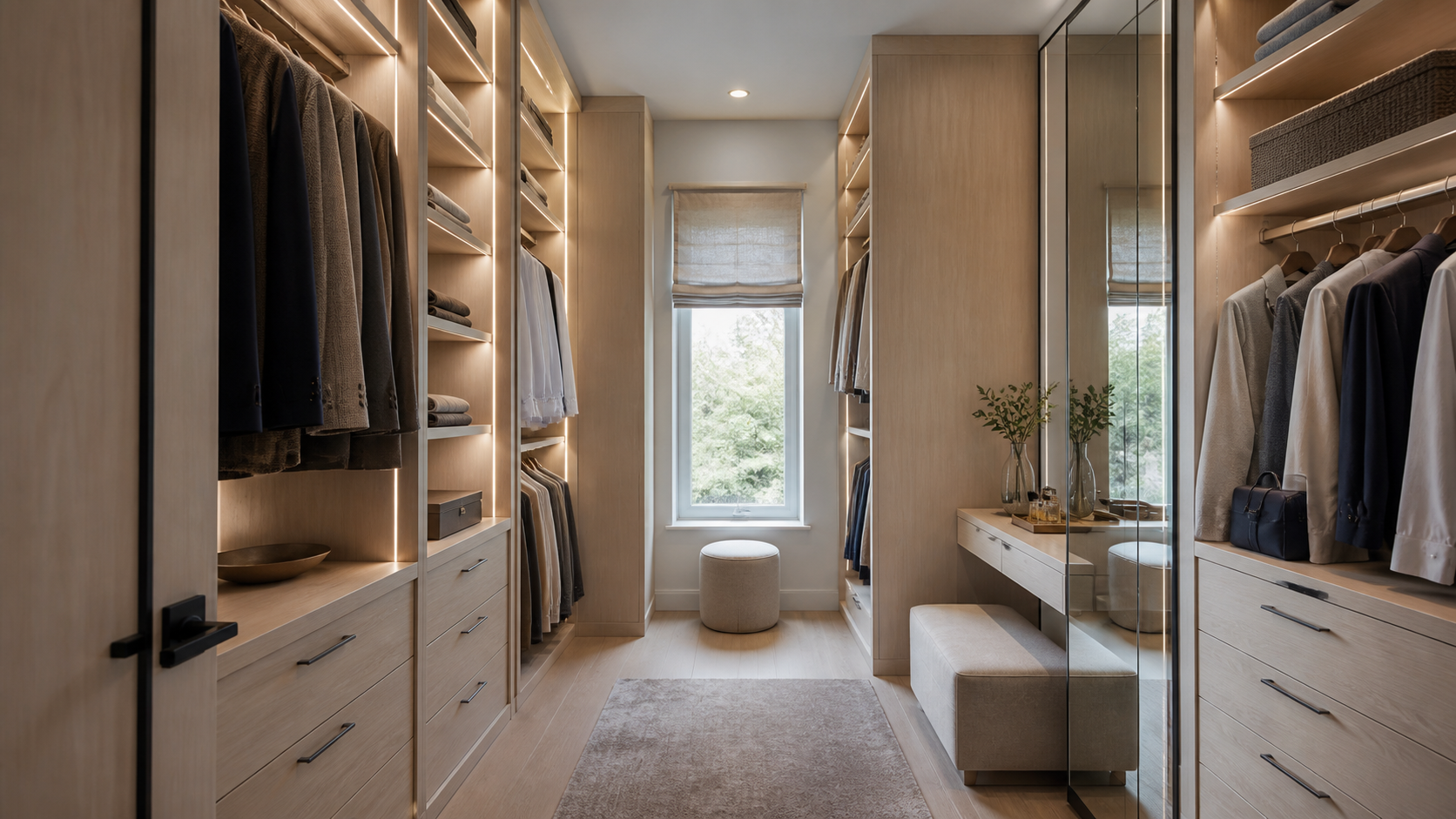 Compact custom walk-in closet with light wood cabinetry, an open central aisle, integrated LED shelf lighting, mirrors, drawers, and hanging storage.