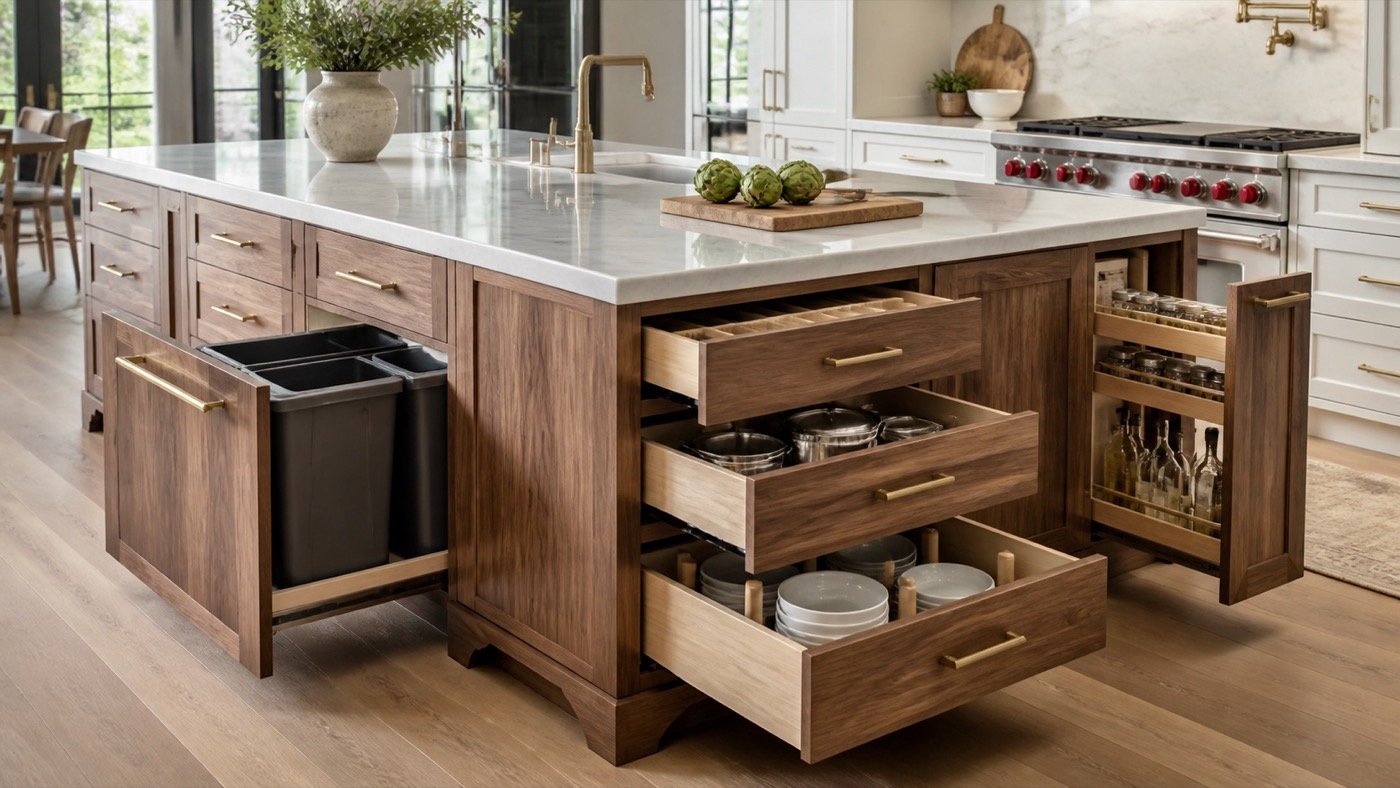 Custom kitchen island storage with pull-out drawers and organized cabinetry