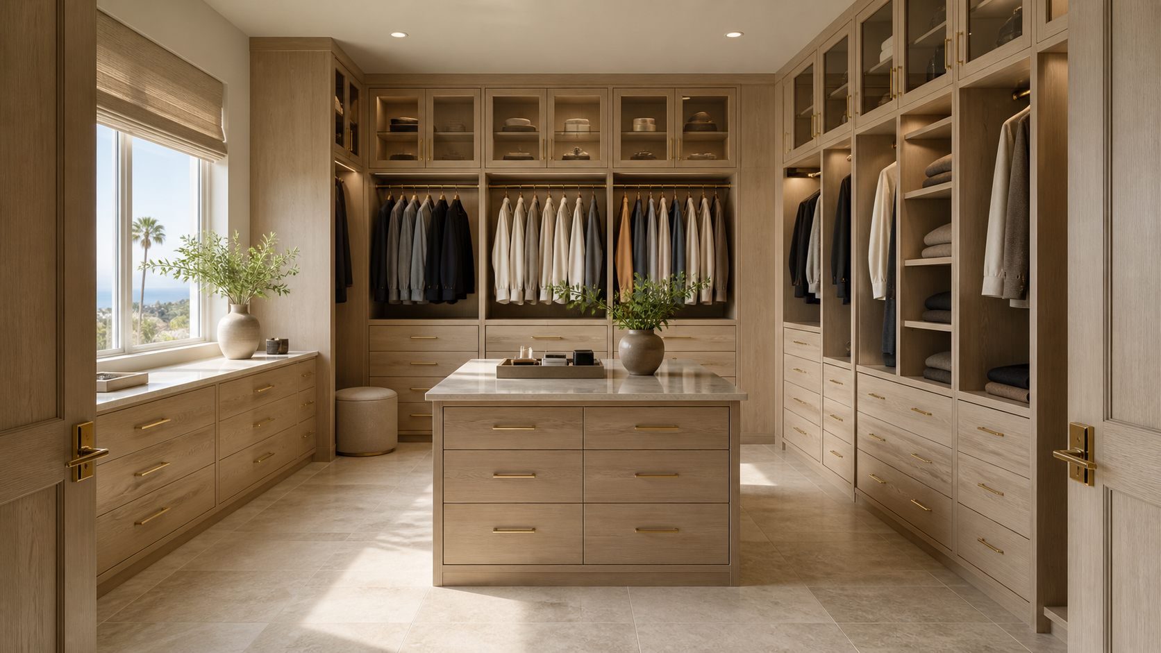 Luxury custom walk-in closet with white oak cabinetry, a central storage island, glass-front cabinets, and integrated lighting.