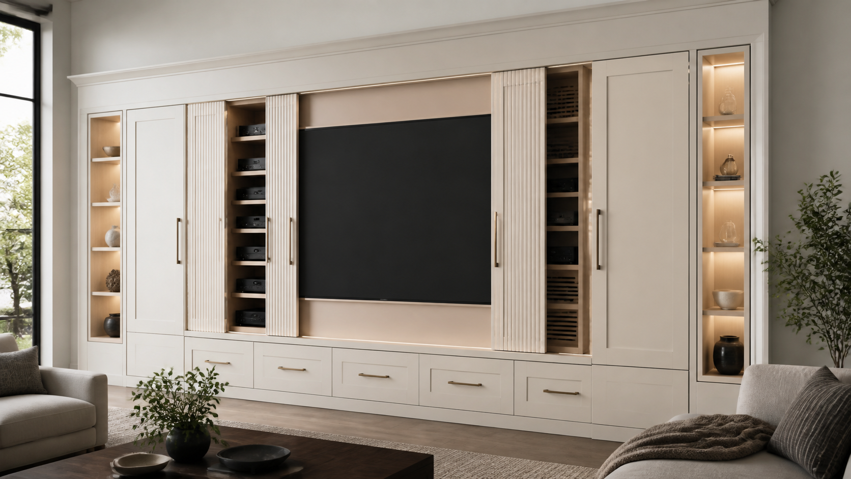 Warm white media wall cabinetry with a blank television, partially open tambour panels, concealed component storage, drawers, and lit display niches.