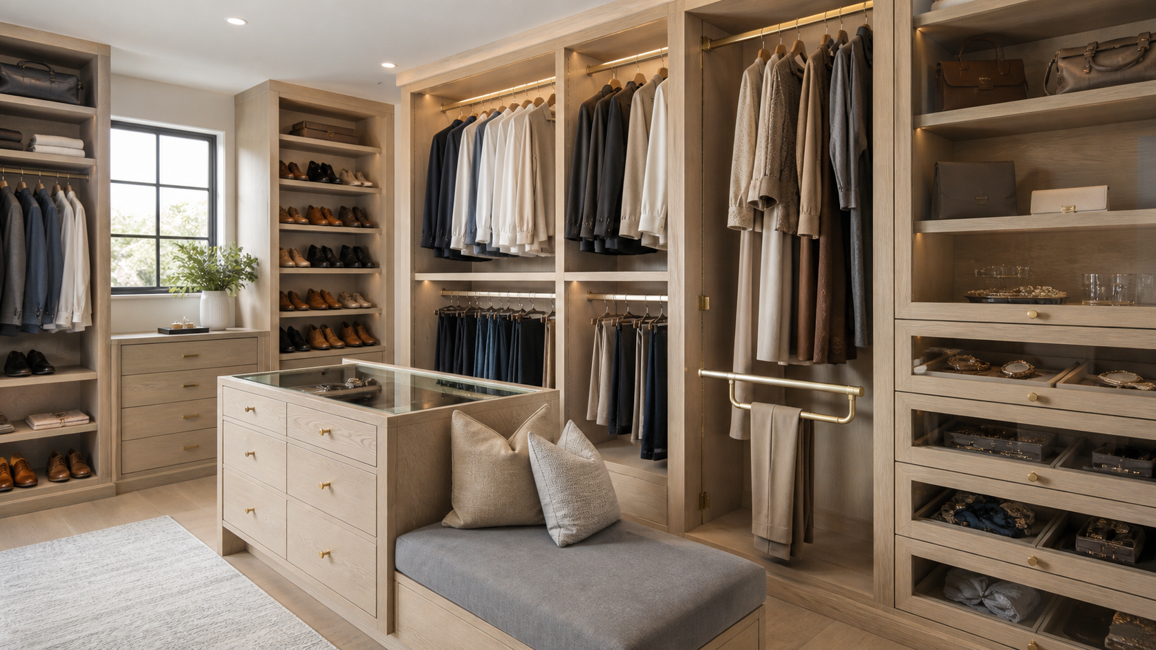 Custom closet storage with double hanging sections, shoe shelves, glass-front accessory drawers, a valet rod, and an upholstered bench.